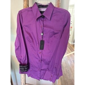 Envy Women Designer Shirt Purple with Pattern Cuff Button Down Cotton NWT size M